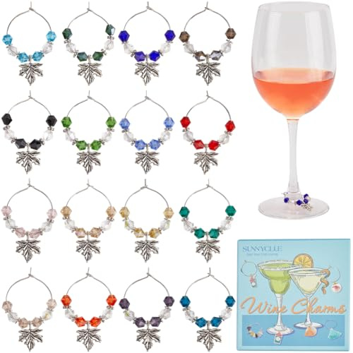 SUNNYCLUE 16Pcs Wine Glass Bead Charms Drink Marker Rings Maple Leaf Alloy Colorful Beads Drinks Identifier Tags Charm for Stem Glasses Wedding Valentines Day Holiday Wine Tasting Party Decoration