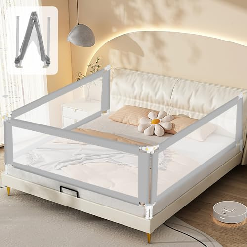 Ollewiellan Bettgitter 180CMx2+150CMx1, Bettgitter Rausfallschutz Klappbar mit U-förmiger Basis, Bettschutzgitter Kinderbettgitter Höhenverstellbar 68-95cm für Kinder & Elternbetten, Grau