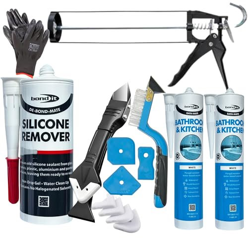 Bond It Silicone Sealant Bundle - 2x White Silicone Sealant, Remover, Replacement Kit, Caulking Tool, Gloves & Applicator - Anti Mould