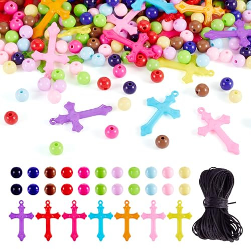 Cheriswelry Rosenkranz-Bastelset, 40 Stück, Kreuz-Acryl-Charms, Kruzifix, Oster-Anhänger mit 440 runden Kugelperlen für DIY-Schmuckherstellung, Basteln, Schlüsselanhänger, Halskette