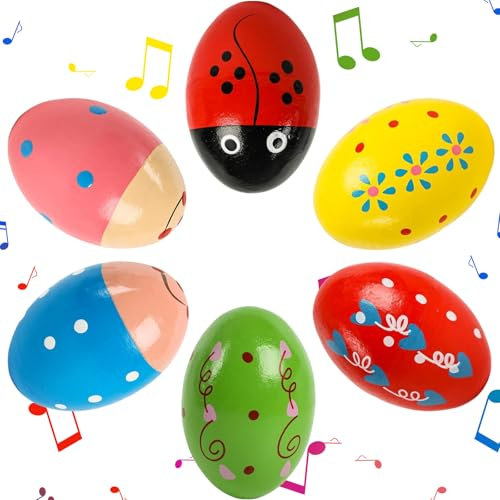 6 Stück Eier Maracas, Musical Egg Shaker, Holz Percussion Musikintrument, Musikinstrument Egg Shaker, Eier Maracas Eier Shaker Set für Party Gefälligkeiten, Musikinstrument, Osterjagd