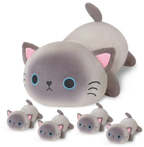 SQEQE Siamese Cat Plushies fyllda djur med 4 spädbarn, söt siamese katt plysch kudde mjuk leksak födelsedag presenter för flickor pojkar