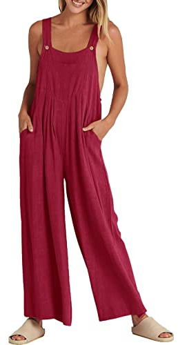 Salopette Estiva Lino Donna, Tuta Jumpsuit Donna Estiva Elegante Gamba Larga Allentata Jumpsuit Casual Senza Maniche Spalline Larghe Pantaloni Tinta Unita con Tasche per Spiaggia Vacanza