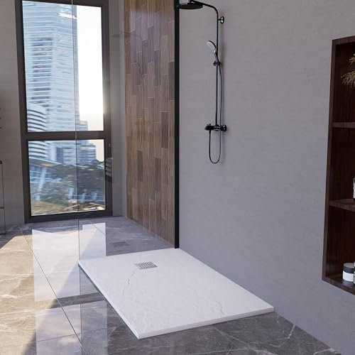 Plato Ducha Titan 70x70 Blanco - Resina Carga Mineral- Antibacterias Antideslizante C3-Sensacion Piedra Natural-Ultraresistente-Incluye Válvula Desagüe y Rejilla Acero Inox (Blanco, 70X70 CM)
