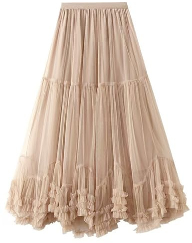 COZYPOIN Women's Maxi Tulle Skirts Long Layered Mesh Tiered Fairy Skirt(Champagne-XL)