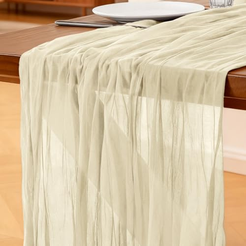 Cheesecloth Table Runner Beige , 300 x 90 CM, Bohemian-style Gauze Rustic Gauze Fabric Tablecloth for Wedding, Birthday Parties, Baby Showers, Christmas and New Year's Eve Table Decoration