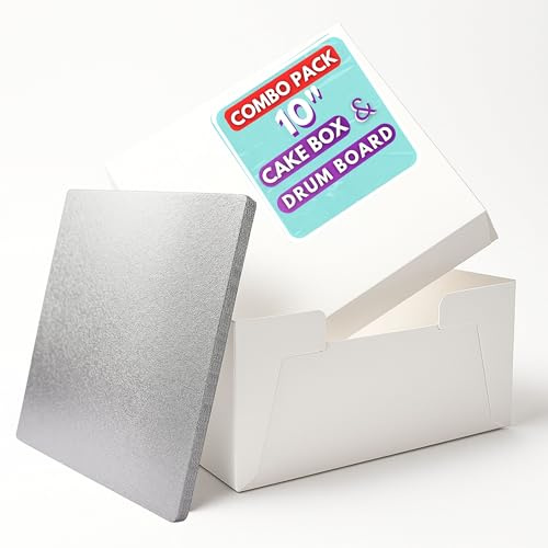 Pack N Trade White 10-Inch Cake Box with 13mm Square Silver Drum – Durable 10×10×6″ Cake Box & Drum Combo – Ideal for Birthday & Wedding Cakes, Cake Decorators & Home Bakers