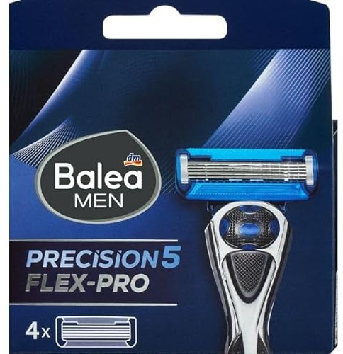 Balea MEN precision5 Flex-Pro Rasierer, 5-Klingensystem mit Präzisionstrimmer, Keramikveredelte Klingen, Aloe Vera Gleitstreifen, Blau (Rasierklingen 4 stk)