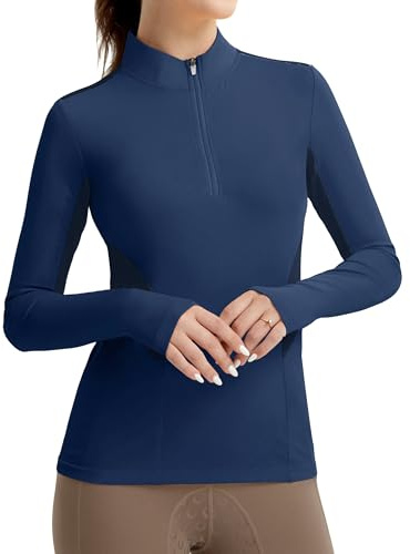 FitsT4 Sports Womens Equestrian Shirts Thumbholes Long Sleeve Horse Riding Shirts Quick Dry UPF50+ Riding Top Half Zip Navy S