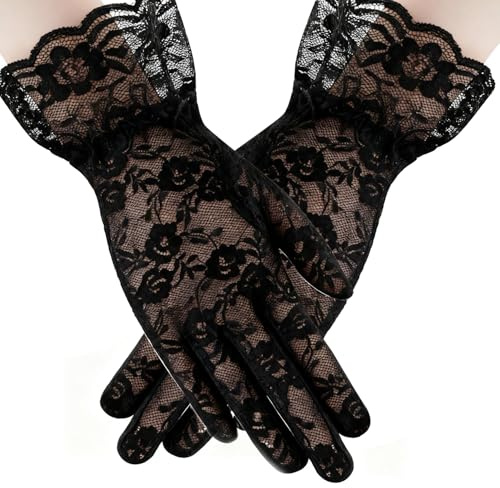 GAZIL Short Black Lace Gloves for Women, Floral Elbow Length Opera Gloves Stretchy Lace Glove for Bridal Wedding, Vintage for Party, Dance, Masquerade Costumes