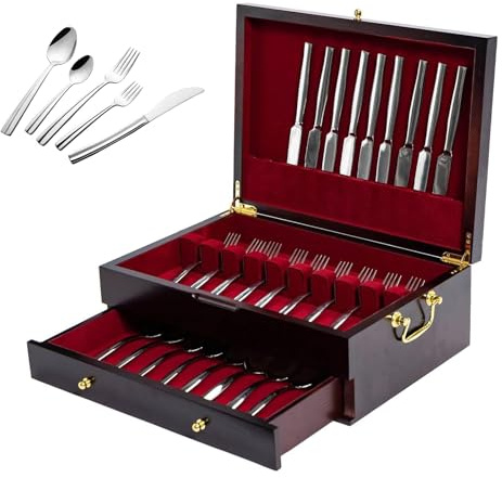 KVTUYC Double Layers Wooden Silverware Chest Case, Multipurpose Flatware Storage Box, With Handle and Felt Lined, for 12, 16 or More Sets of Utensils, Efficient Countertop or Cabinet Storage