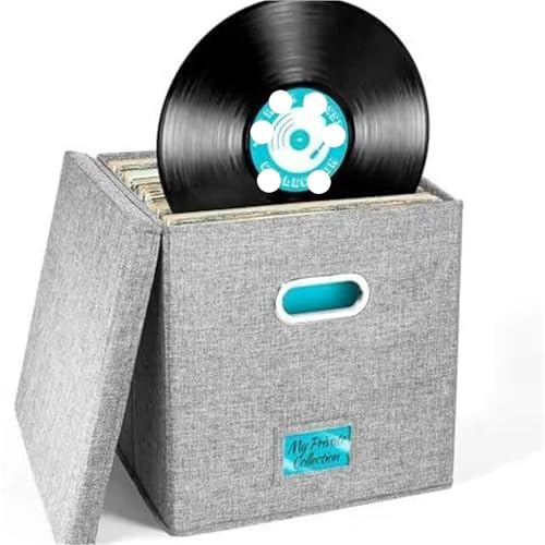 WAJJWI Cotton Linen Fabric Storage Box Foldable with Lid Home Vinyl Record Organizing para Discos(Gray)