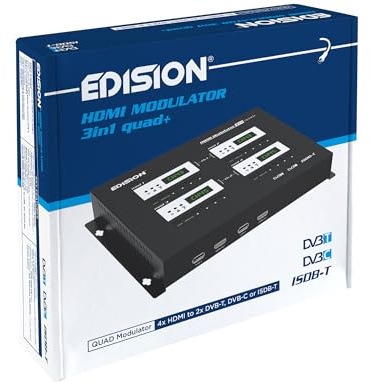 EDISION HDMI Modulator 3in1 Quad+, RF Modulador 4X HDMI a terrestre DVB-T, ISDB-T o Cable DVB-C, 3 SEÑALES de modulación SELECCIONABLES, Distribución Full HD sobre Cable Coaxial, Plug and Play
