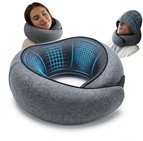 Cilnos Coussin De Voyage Avion avec Capuche Occultante, Oreiller De Voyage en Mousse À Mémoire 360° Soutien Ergonomique, Tour De Cou Compact pour Avion, Voiture Et Maison (Grisfoncé)