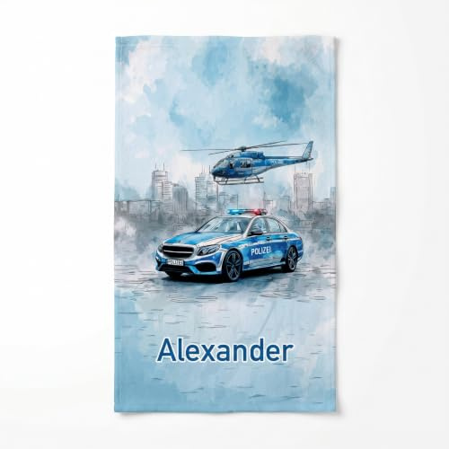 Striefchen® Polizei Handtuch personalisiert mit Name – Kinderhandtuch mit Polizeiauto Aufdruck – Badetuch als Geschenk für Kinder, Jungen & Mädchen – 2 Größen (50 x 100 cm)