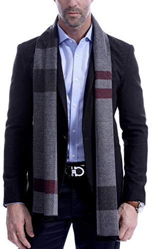 VEXTROFORT Men's Winter Scarf, Soft Long Cashmere Feel Scarves for Men with Fringes Tartan - Grey Black Red Plaid