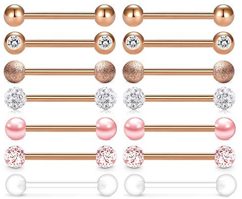 AceFun 7 Paar Chirurgenstahl Brustwarzenpiercing Zungenpiercing Set 1.6mm Zunge Brustwarze Barbell Schmuck Rosegold 16mm