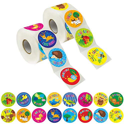600 Teacher Reward Encouragement Motivational Spanish Espanol Sticker in 16 Animal Designs for Teachers, Classroom Use, (Each Measures 1.5 in Diameter)