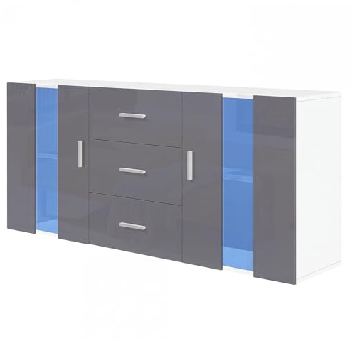 Panana Modern Sideboard High Gloss Fronts Storage Cabinet Cupboard with 3 Drawers and 2 Doors RGB LED Lights Living Room Hallway (Grey)