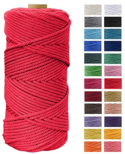 Macrame Cord 4mm x 109 Yards, JeogYong Thick Natural Cotton Cord Yarn Thread, 4-Strand Twisted Spool Twine String Cotton Rope for DIY Crafts, Wall Hangings, Plant Hangers, Home Decorations (Red)