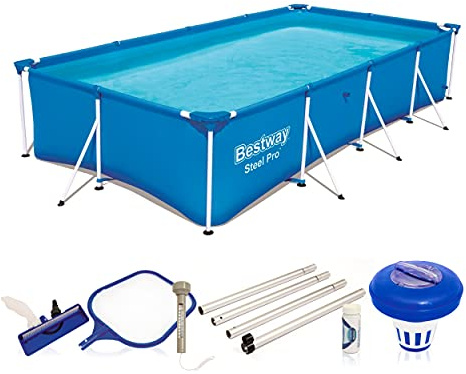 Bestway Steel Pro Gartenpool mit Reiningungsset - Stahlrahmenpool Rechteckig Schwimmbad Blau 400 x 211 x 81 cm mit Reinigung