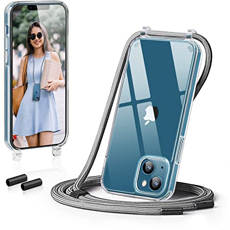 GOODVISH Handykette für iPhone 13 Hülle mit Band Transparent, Silber | Kameraschutz und Bildschirmschutz, Necklace Handyhülle mit Schnur Schutzhülle für zum Umhängen Case 13 mit Kordel 6.1