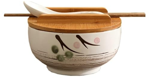 MOBUKJUU 1Set Japanese Style Rice Noodle Bowl with Lid Spoon and Chopstick Kitchen Tableware Ceramic Salad Soup Bowl Food Container (4PCS/Set -White)