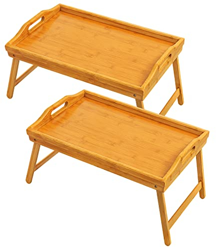 2 Pack Bed Tray Table Breakfast Trays Serving Bamboo Laptap with Floding Legs Handles and Phone Holders