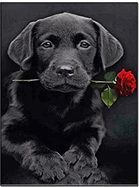 Kunstdruck auf Leinwand Tier Poster Gemälde Poster eines schwarzen Hundes mit roten Pfingstrosen im Maul Leinwand Malerei Wandkunst Poster für Schlafzimmer Wohnzimmer Dekor 30x40cm (Kein Rahmen)
