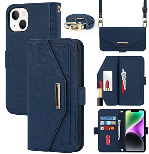 CAVOR Handykette Handyhülle kompatibel mit iPhone 14 Hülle Mit Band,Flip Leder Geldbörse Handyhülle,[Spiegel][5 Kartenfach][Magnetisch],Klapphülle Handytasche zum umhängen - Blau