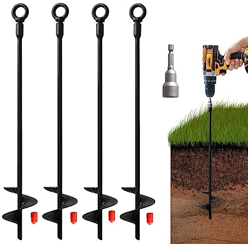 VASGOR 18” Ground Anchors (4pcs) Easy to Use with Drill, 30mm Diameter, Heavy Duty Anchor Hook for Camping Tent, Canopies, Car Ports, Sheds, Swing Sets, Securing Animals – Black Powder Coated