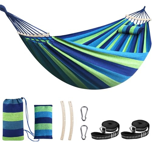 Chihee Amaca in cotone Morbida Traspirante Amaca da campeggio Regge fino a 300 kgAmaca portatile con barra divisoria staccabile Cuscino 2 robuste fettucce 2 moschettoni Interno Esterno