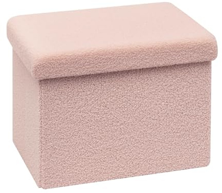 Bonlife Ottoman Seat with Storage, Folding Foot Stool Chest Box, 42cm | Rectangle Ottoman Stool, 36L, Small Footstool for Living Room, Bedroom, Foot Rest, Sherpa Fabric, Pink 42x32x32cm