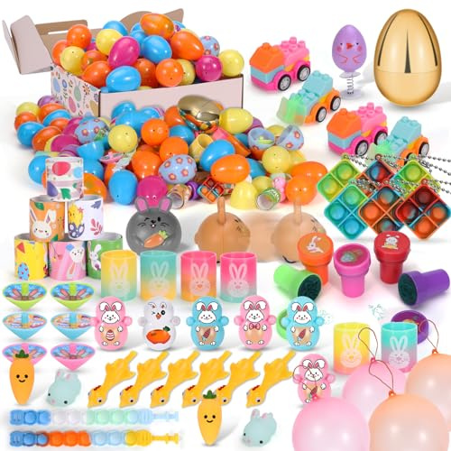 60 PCS Prefilled Easter Eggs with Toys and Surprises for Kids, 59 PCS 2.4in Colourful Eggs + 1 PC 3.15in Golden Eggs Filled with Gifts for Easter Basket, Easter Party Favours, Easter Egg Hunt Gift