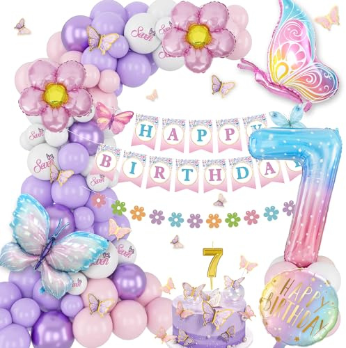 Rosa Lila Geburtstag Ballons und Deko für Mädchen - 7. Geburtstag Set mit Schmetterling Folienballons, Banner und Aufklebern