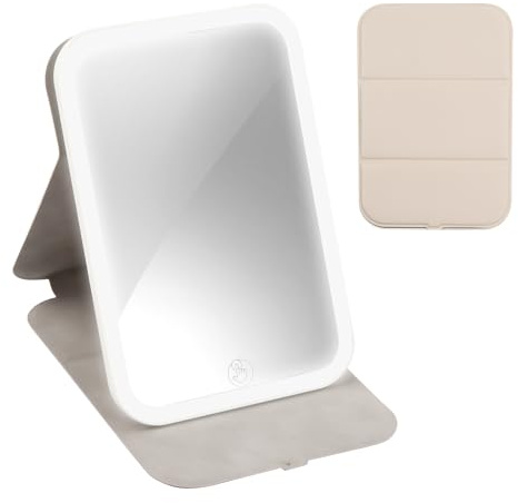 Schminkspiegel Kosmetikspiegel mit Beleuchtung Tragbarer LED Make up Spiegel 3 Farblichter Wiederaufladbarer Tischspiegel Beleuchteter Taschenspiegel Reisespiegel mit Licht Klappbar Klein (Creme)