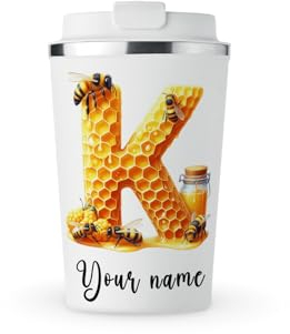 MAXIKIWI - Personalised Insulated Double Walled, Leakproof Stainless Steel Mug, Coffee or Tea Travel Tumbler with Lid, Keep Drinks Hot and Cold - Honey Bee Alphabet Theme - 350ml