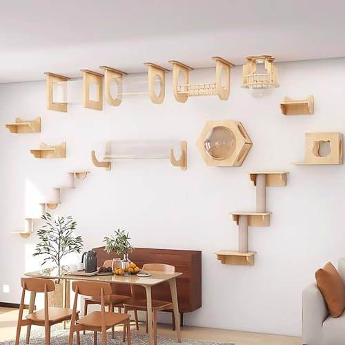 Pucaru Wall Mounted Cats Shelf and Climbing Shelf, Solid Wood Cat Wall Furniture Set, 12 Levels for Cats Playing, Sleeping, and Lounging