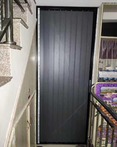 Falttür Innentüren Schiebetür mit Schloss und Schlüssel, Abschließbare Falttür - Schwarzer Rahmen und Graue Platte, Innentür aus Aluminium, Individuell Anpassbarer Schranktürschirm(70x80in (178x203cm)