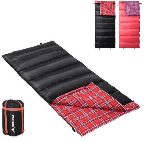 BISINNA XL Baumwoll Flanell-Schlafsack für Camping, 2-3 Jahreszeiten, Erwachsenen-Schlafsack für Wandern, Camping, Innen- und Außenbereich, mit Kompressionsack
