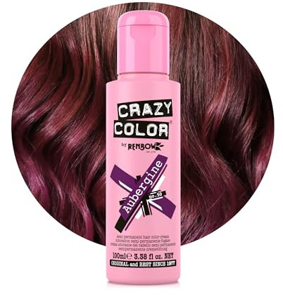 Crazy Color Vibrant Aubergine Semi-Permanent Hair Dye. Highly Pigmented Wine Purple Conditioning & Oil Nourishing Vegan Formula | No Bleach or Ammonia | 100ml