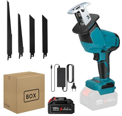 Akku Säbelsäge für Makita 18V Batterie, Bürstenlose Reciprosäge mit Akku 2.0Ah und Ladegerät, 4 Sägeblättern, LED-Beleuchtung, für Holz, Metall, PVC (Mit 2.0Ah Akku)