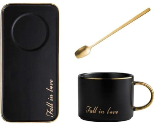 Huiyiwert 200ml Espressotasse mit Löffel und Untertasse Set Keramik Kaffeetasse mit Unterteller(25x12.5cm) elegant Porzellantasse Mokkatasse Cappuccino Tasse für Tee Latte Milch (Schwarz)