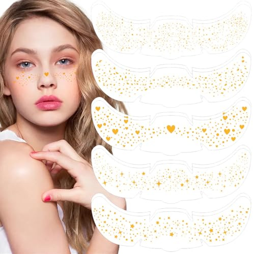JSTHHTT 10 Stück Glitzer Sommersprossen Tattoo, Make-up Patches, Goldene Tattoo Folie, Wasserfeste Goldene Temporäre Tattoos, Henna Freckles Tattoo Folie für Fasching Karneval Mottoparty Cosplay