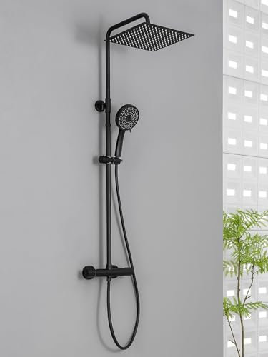 Auralum Colonna Doccia con Miscelatore Termostatico, Set Doccia con Soffione Grande in Acciaio Inox e Doccetta 5 Funzioni, Asta Saliscendi Doccia Altezza Regolabile (Nero)