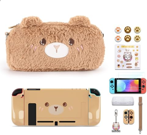 innoAura Étui pour Switch avec Ensemble d'accessoires 16 en 1, étui de Transport, Protecteur d'écran et Capuchons de Pouce (Ours Marron)