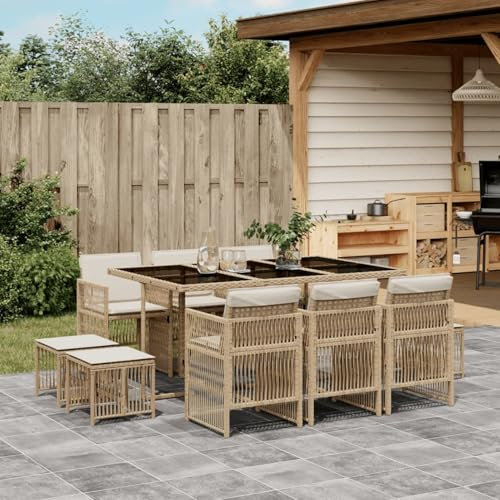 IKAYAA Rattan Gartenmöbel Set mit 10 Gartenstuhl Garten Sitzgruppe 10 Personen Polyrattan Sitzgruppe Essgruppe Outdoor Sitzgarnitur Gartengarnitur Rattanmöbel -Beige und Creme-11-tlg-Typ 2