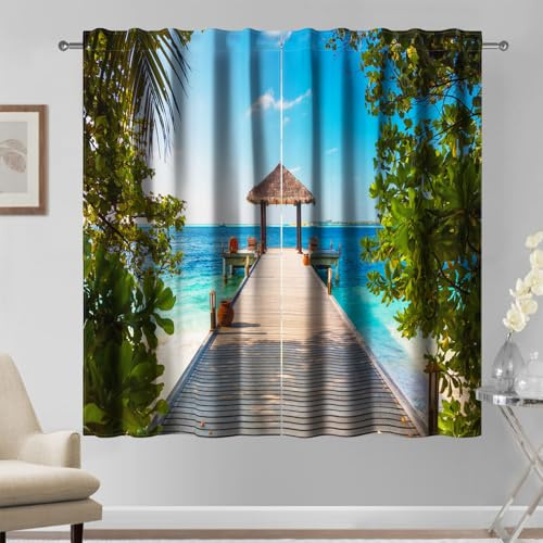 Kzzfqxb Tende 132x214cm 2 Pannelli, Foglie Verdi Blu Oceano Ponte di Legno per Padiglione Turistico Spiaggia Paesaggio Finestre Tendaggi, Decorazione Fresco per Camera da Letto Soggiorno