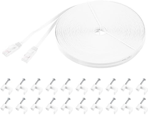 sourcing map Cat 6 Ethernet Cable 82ft, 32AWG 250MHz Flat High Speed RJ45 Cat6 Internet Network Patch Cord with Clips for Computer, Gaming, Router, Modem, White