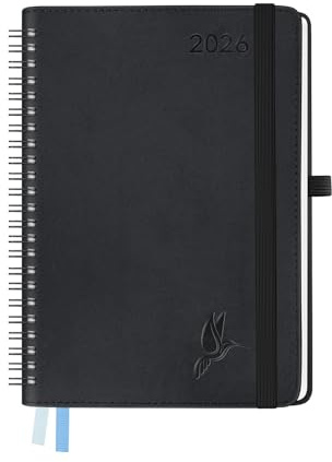 FEKSINO Kalender 2026 Ringbuch Buchkalender ca. A5 21,3 x 14,6 cm,Terminplaner&Wochenplaner 2026 1 Woche 2 Seiten mit PU-Leder Softcover,Schwarz